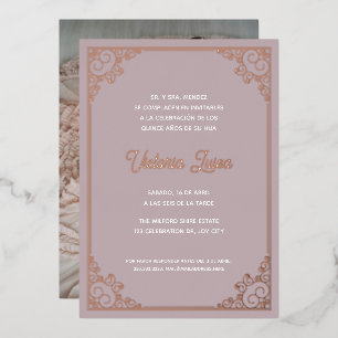 Moderne Sierlijke Lijst Roze Quinceañera Foto Folie Uitnodiging