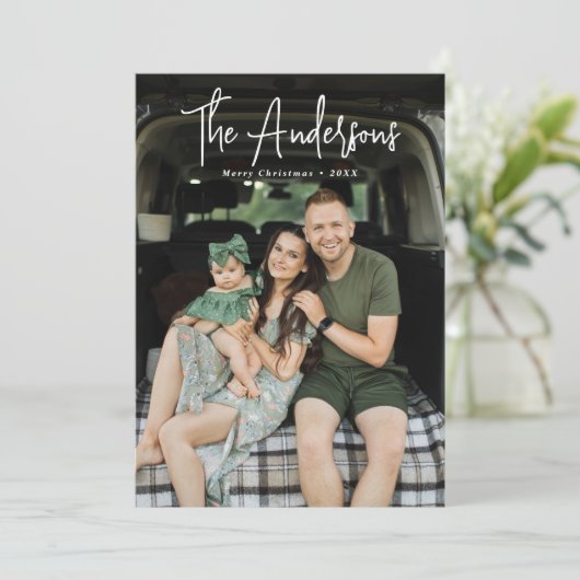 Moderne Signature Script Cream en Olive Foto Feestdagenkaart (Staand voorkant)