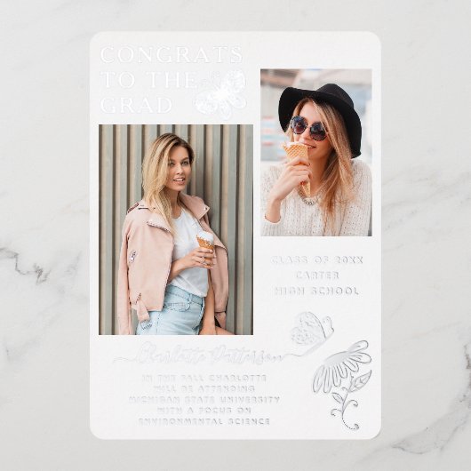 Moderne Silver Butterfly Script Afstuderen Foto Folie Uitnodiging (Voorkant)