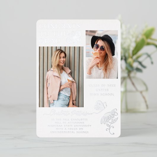 Moderne Silver Butterfly Script Afstuderen Foto Folie Uitnodiging (Staand Voorkant)