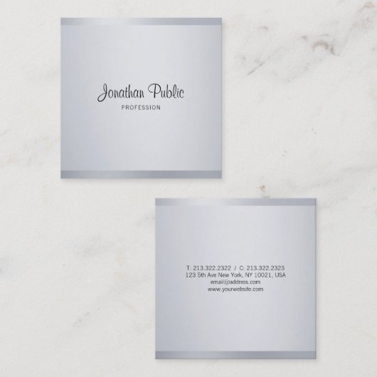 Moderne Silver Elegant Handgeschreven de Sjabloon  Vierkante Visitekaartje (Voorkant / Achterkant)