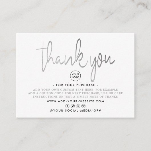 Moderne Silver Foil Script Business Hartelijk dank Informatiekaartje (Voorkant)