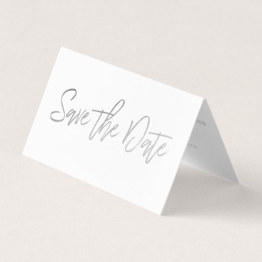 Moderne Silver Foil Script Photo Save the Date Car Visitekaartje (Voorkant)