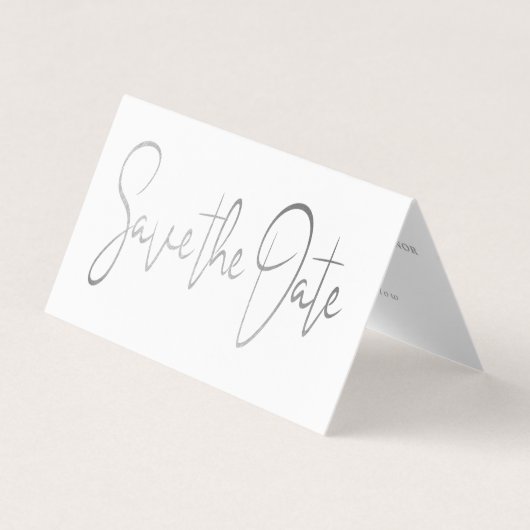Moderne Silver Foil Script Photo Save the Date Car Visitekaartje (Voorkant)
