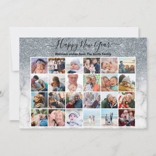 Moderne Silver Glitter Marble Elegant Script Photo Feestdagenkaart (Voorkant)