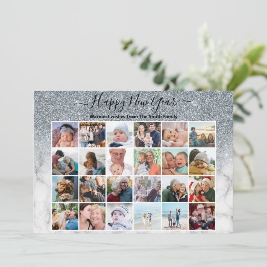 Moderne Silver Glitter Marble Elegant Script Photo Feestdagenkaart (Staand voorkant)