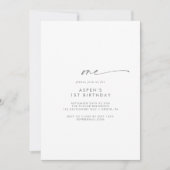 Moderne Silver Script First Birthday Party Kaart (Voorkant)