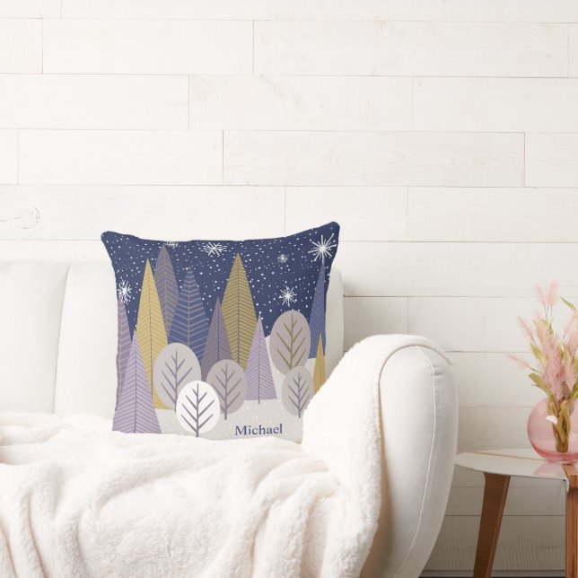 Moderne Silver Snow en Paarse Geometrische Wood Kussen (Bank)