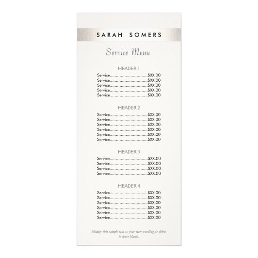 Moderne Silver Striped Salon White Price List Menu (Voorkant)