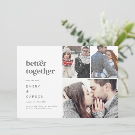 Moderne Silver Typografie Beter samen 3 Foto Save The Date (Staand voorkant)
