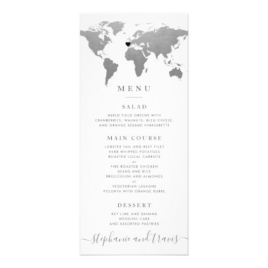Moderne Silver Wereldkaart Heart Menu Card (Voorkant)