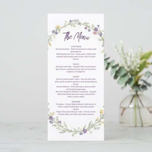 Moderne simpele bloemige Boho bruiloft Menu (Staand voorkant)