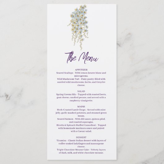 Moderne simpele bloemige Boho bruiloft Menu (Voorkant)