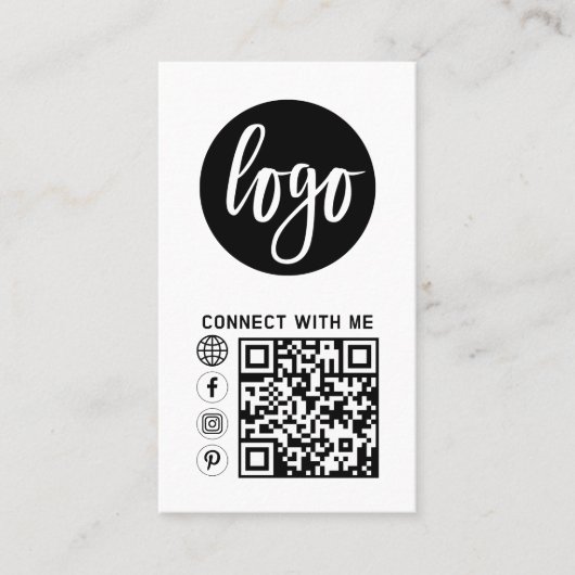 Moderne Simple Black White Logo Photo QR-code Visitekaartje (Voorkant)