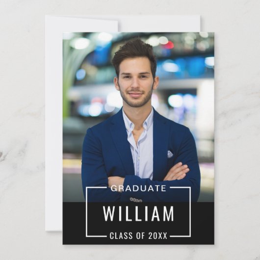 Moderne Simple Black White PHOTO Graduation Party Kaart (Voorkant)
