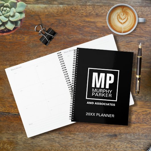 Moderne Simple Black White Square Monogram Logo Planner