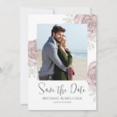 Moderne Simple Chic Dusty Blue Floral Foto QR Code Save The Date (Voorkant)