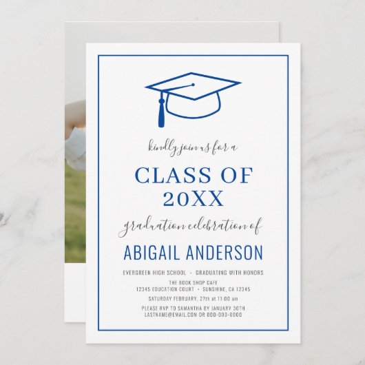 Moderne Simple Class of 2023 Blue Afstuderen Photo Kaart (Voorkant / Achterkant)
