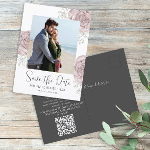 Moderne Simple Dusty Roos Floral Photo QR Code Briefkaart