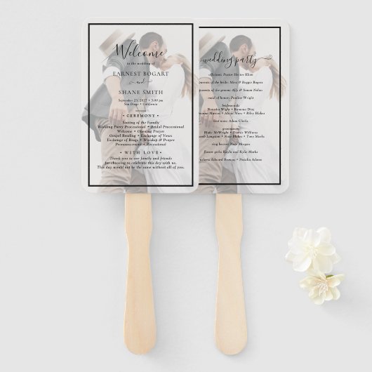 Moderne Simple Elegant Script Photo Wedding Progra Handwaaier (Voorkant en achterkant)