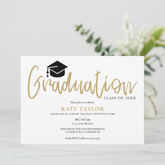 Moderne Simple Gold Script Graduation Party foto Kaart (Staand voorkant)
