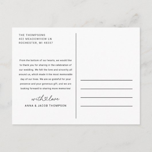 Moderne Simple Heart Script Weduwfoto Hartelijk da Briefkaart (Achterkant)