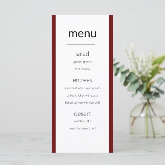 Moderne Simple Maroon and White Wedding Menu Card (Staand voorkant)