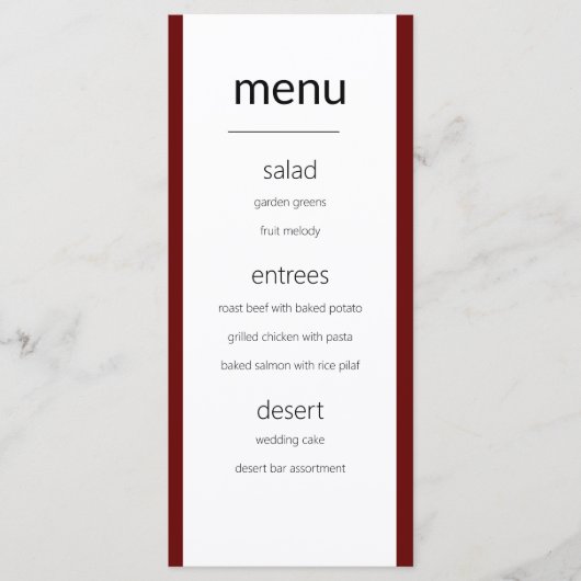 Moderne Simple Maroon and White Wedding Menu Card (Voorkant)