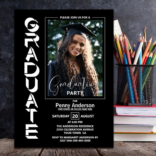 Moderne Simple Photo Black Graduation Party Kaart