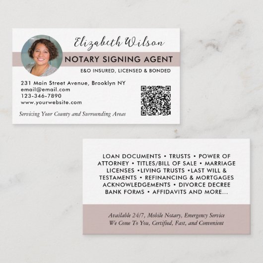 Moderne Simple Photo QR Notary Signing Loan Agent Visitekaartje (Voorkant / Achterkant)
