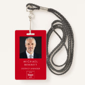 Moderne Simple Red Corporate Photo ID Badge (Voorkant met draagriem)
