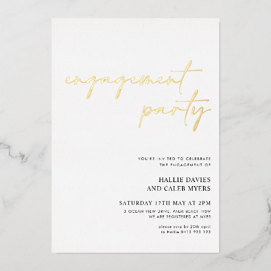 Moderne Simple Script Folie Engagement Party Folie Uitnodiging (Voorkant)