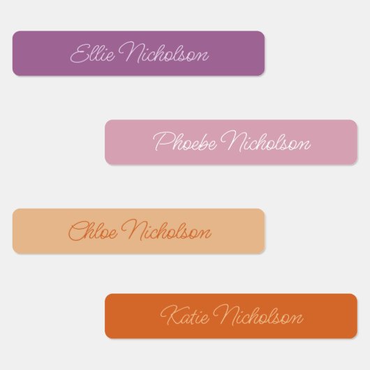 Moderne Simple Script Paars Girly Waterproof Name Labels (Groep)
