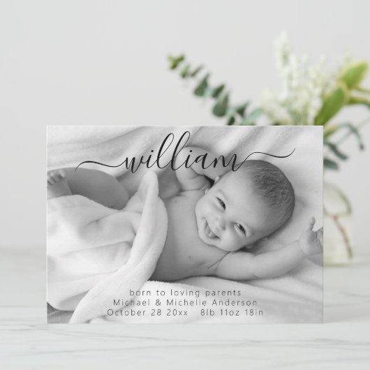 Moderne Simple Script Photo Sweet Baby Birth Aankondiging (Staand voorkant)