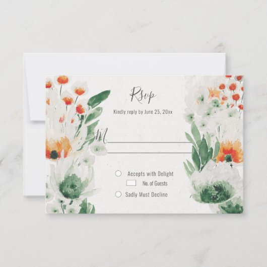 Moderne Sinaasappel groene Waterverf Floral RSVP Kaartje (Voorkant)