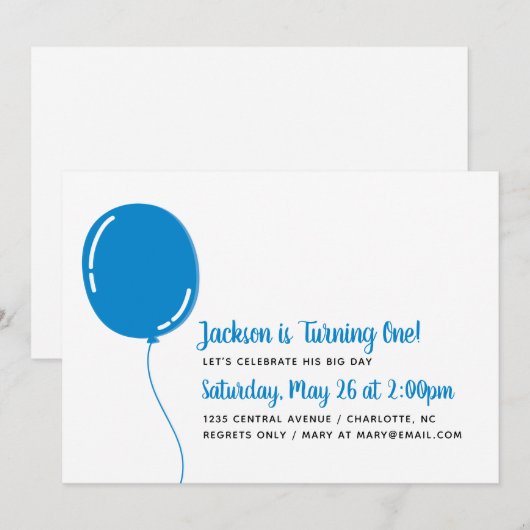 Moderne Single Blue Ballon Verjaardagsfeest Kaart (Voorkant / Achterkant)