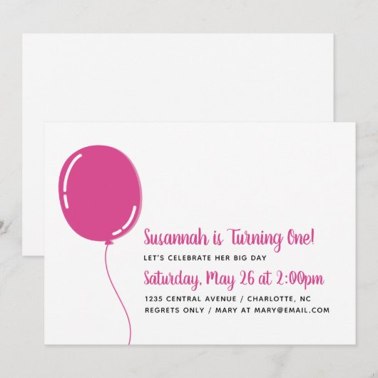 Moderne Single Bright Pink Ballon Birthday Party Kaart (Voorkant / Achterkant)
