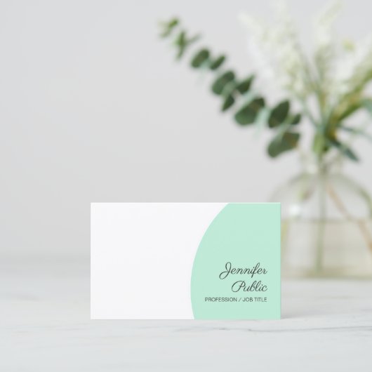 Moderne Sjabloon Mint Green White Handscriptnaam Visitekaartje (Staand voorkant)