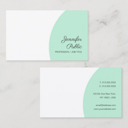 Moderne Sjabloon Mint Green White Handscriptnaam Visitekaartje (Voorkant / Achterkant)