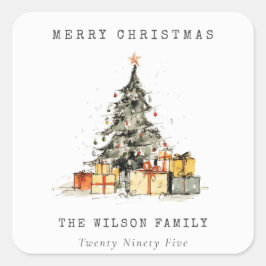 Moderne Sketchy Holiday Christmas Tree Gifts Foto Vierkante Sticker