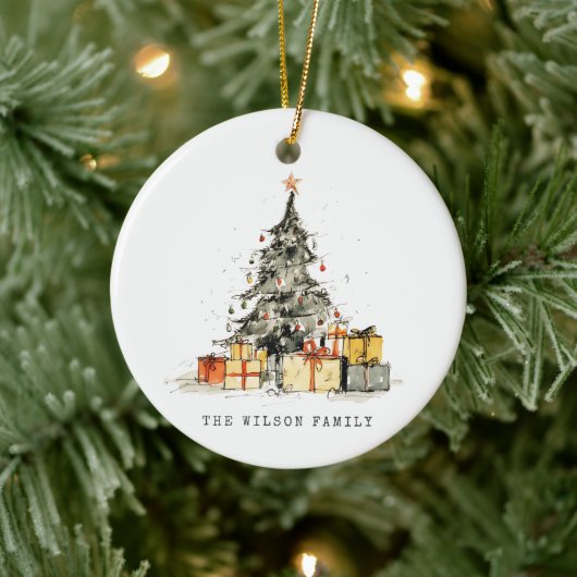 Moderne Sketchy Vakantie Kerstboom Waterverf Keramisch Ornament (Boom)