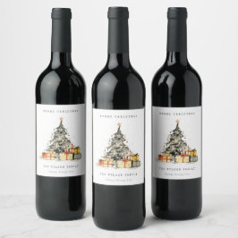 Moderne Sketchy Vakantie Kerstboom Waterverf Wijn Etiket