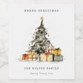 Moderne Sketchy Vakantie Kerstboom Waterverf Wijn Etiket (Enkel label)