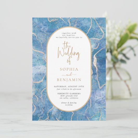 Moderne Sky Blue Gold Agaat De bruiloft van Kaart (Staand voorkant)