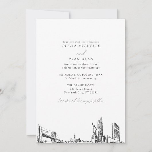 Moderne Skyline Zwart & Wit New York City bruiloft Kaart (Voorkant)