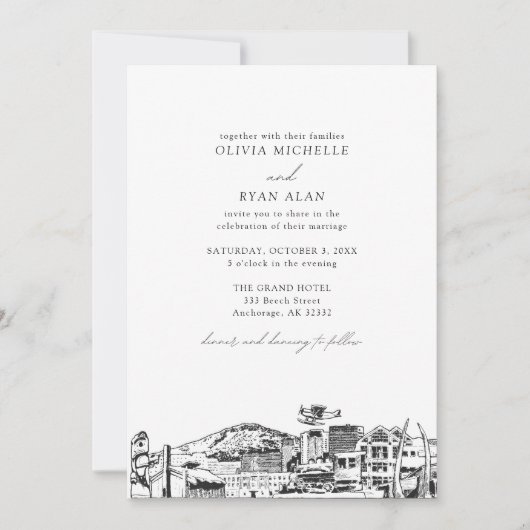 Moderne skyline zwart & wit verankering bruiloft kaart (Voorkant)