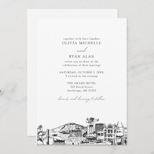 Moderne skyline zwart & wit verankering bruiloft kaart (Voorkant / Achterkant)