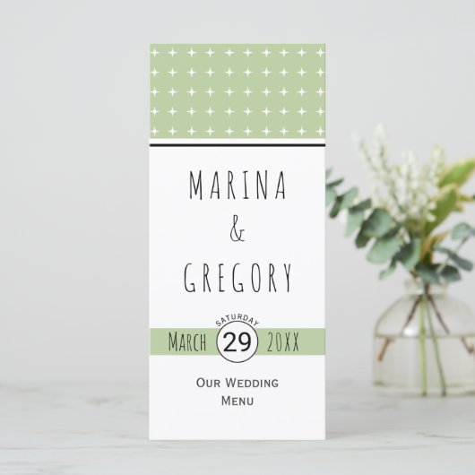 Moderne slaaggroene typografie-trouwmenkkaart menu (Staand voorkant)