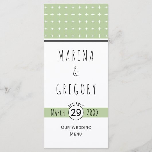 Moderne slaaggroene typografie-trouwmenkkaart menu (Voorkant)