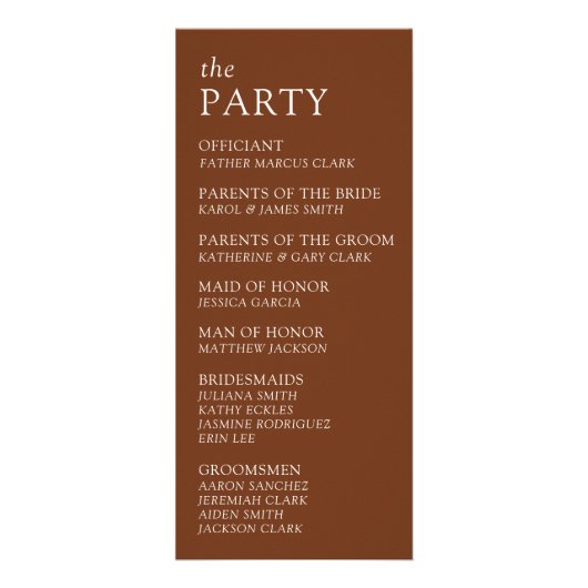 Moderne & Slanke Typografie Huwelijksprogramma Reclamekaart (Achterkant)